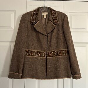 PARISIAN Signature Boho Mixed Media Brown Jacket Blazer Beaded Women 14 Lined G1